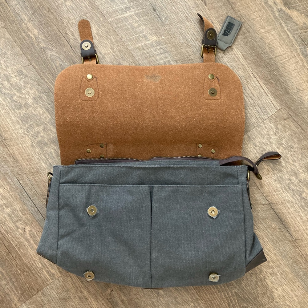Buffalo Leather & Cotton Canvas Portfolio Business Briefcase Travel Bag - Picture 4 of 16